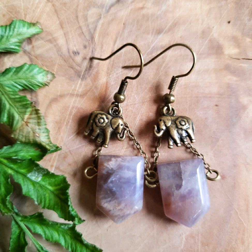 Thai Elephant X Amethyst Crystal Stone Earrings 28$